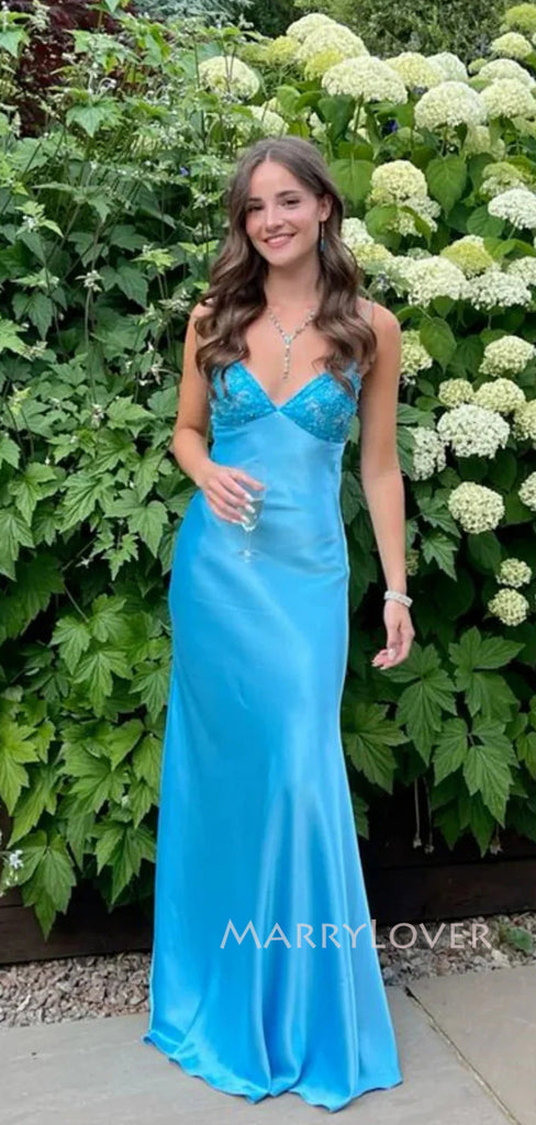 Gorgeous Mermaid Blue Satin Long Evening Prom Dresses, V-neck Prom Dress, MR9299