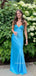 Gorgeous Mermaid Blue Satin Long Evening Prom Dresses, V-neck Prom Dress, MR9299