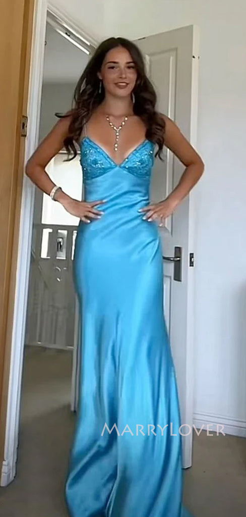 Gorgeous Mermaid Blue Satin Long Evening Prom Dresses, V-neck Prom Dress, MR9299