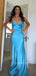 Gorgeous Mermaid Blue Satin Long Evening Prom Dresses, V-neck Prom Dress, MR9299