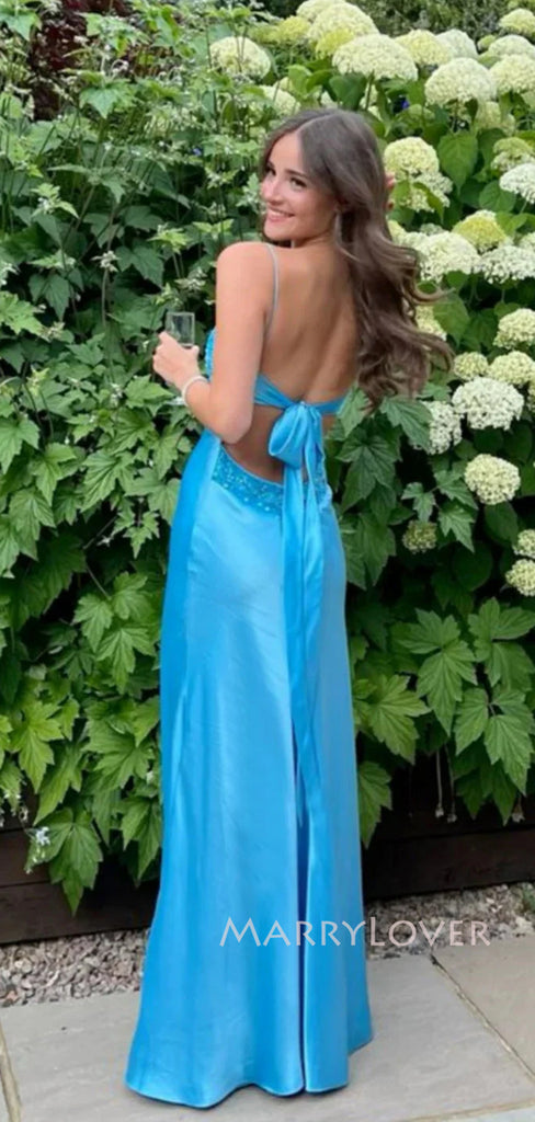 Gorgeous Mermaid Blue Satin Long Evening Prom Dresses, V-neck Prom Dress, MR9299