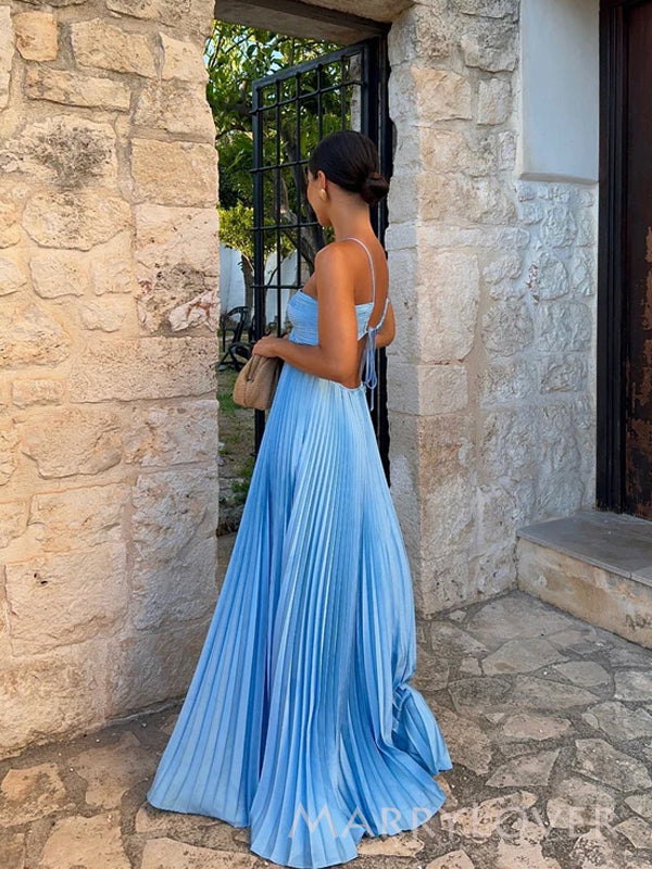 A-line Blue Spaghetti Straps Long Evening Prom Dresses, MR9300