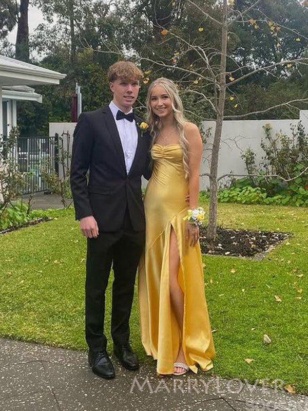 Popular Yellow Satin Spaghetti Straps Long Evening Prom Dresses, High Slit Prom Dress, MR9301