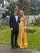 Popular Yellow Satin Spaghetti Straps Long Evening Prom Dresses, High Slit Prom Dress, MR9301