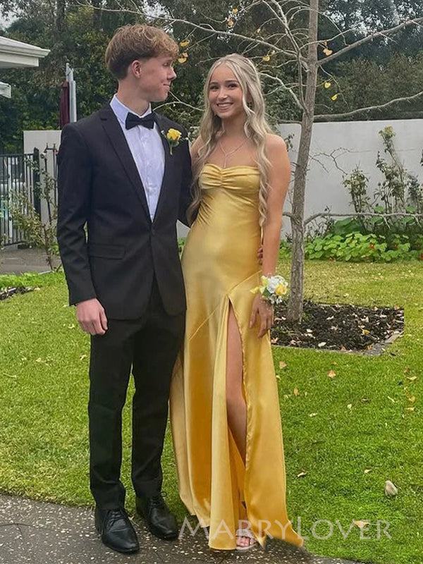 Popular Yellow Satin Spaghetti Straps Long Evening Prom Dresses, High Slit Prom Dress, MR9301