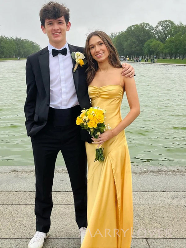 Popular Yellow Satin Spaghetti Straps Long Evening Prom Dresses, High Slit Prom Dress, MR9301