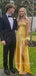 Popular Yellow Satin Spaghetti Straps Long Evening Prom Dresses, High Slit Prom Dress, MR9301