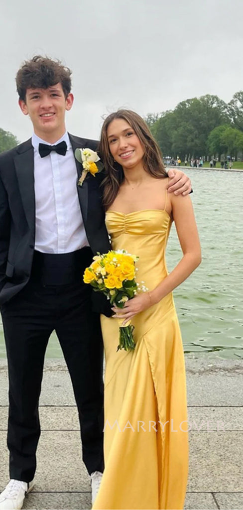 Popular Yellow Satin Spaghetti Straps Long Evening Prom Dresses, High Slit Prom Dress, MR9301