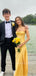 Popular Yellow Satin Spaghetti Straps Long Evening Prom Dresses, High Slit Prom Dress, MR9301