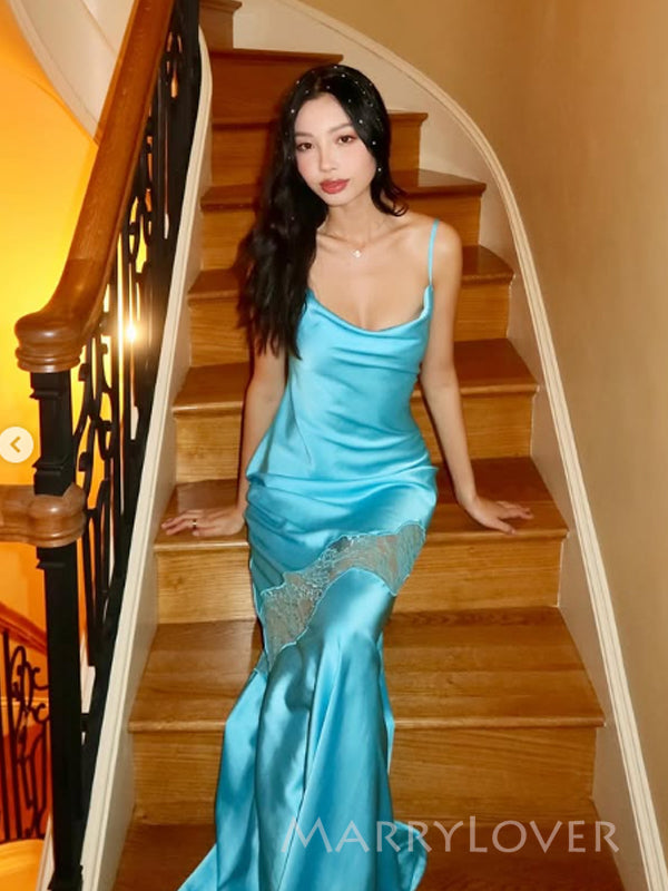 Simple Blue Satin Sheath Long Evening Prom Dresses, Spaghetti Straps Prom Dress, MR9303