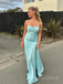 Lovely Blue Satin Mermaid Sie Slit Long Evening Prom Dresses, Spaghetti Straps Prom Dress, MR9306