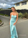 Lovely Blue Satin Mermaid Sie Slit Long Evening Prom Dresses, Spaghetti Straps Prom Dress, MR9306