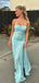 Lovely Blue Satin Mermaid Sie Slit Long Evening Prom Dresses, Spaghetti Straps Prom Dress, MR9306