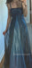 Spaghetti Straps A-line Blue Satin Tulle Long Evening Prom Dresses, MR9307