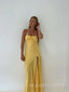 Yellow Soft Satin Spaghetti Straps Long Evening Prom Dresses, Side Slit Prom Dress, MR9309