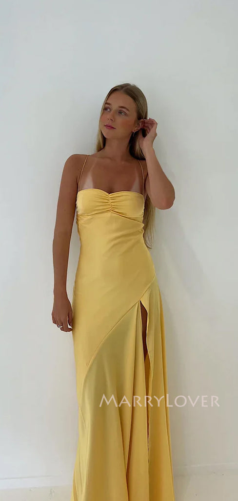 Yellow Soft Satin Spaghetti Straps Long Evening Prom Dresses, Side Slit Prom Dress, MR9309