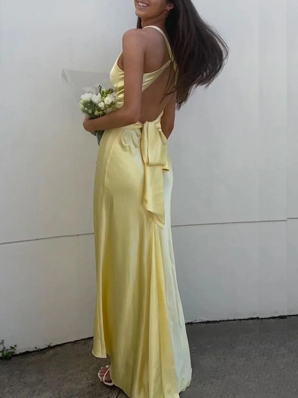 Deep V-neck Yellow Satin Mermaid Long Evening Prom Dresses, MR9311