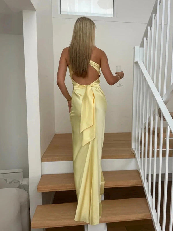 Deep V-neck Yellow Satin Mermaid Long Evening Prom Dresses, MR9311