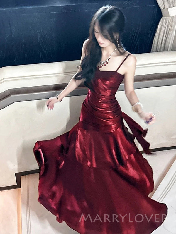 Gorgeous Burgundy Satin Mermaid Long Evening Prom Dresses, Spaghetti Straps Prom Dress, MR9312