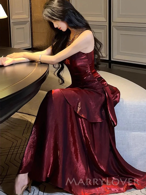 Gorgeous Burgundy Satin Mermaid Long Evening Prom Dresses, Spaghetti Straps Prom Dress, MR9312