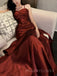 Gorgeous Burgundy Satin Mermaid Long Evening Prom Dresses, Spaghetti Straps Prom Dress, MR9312