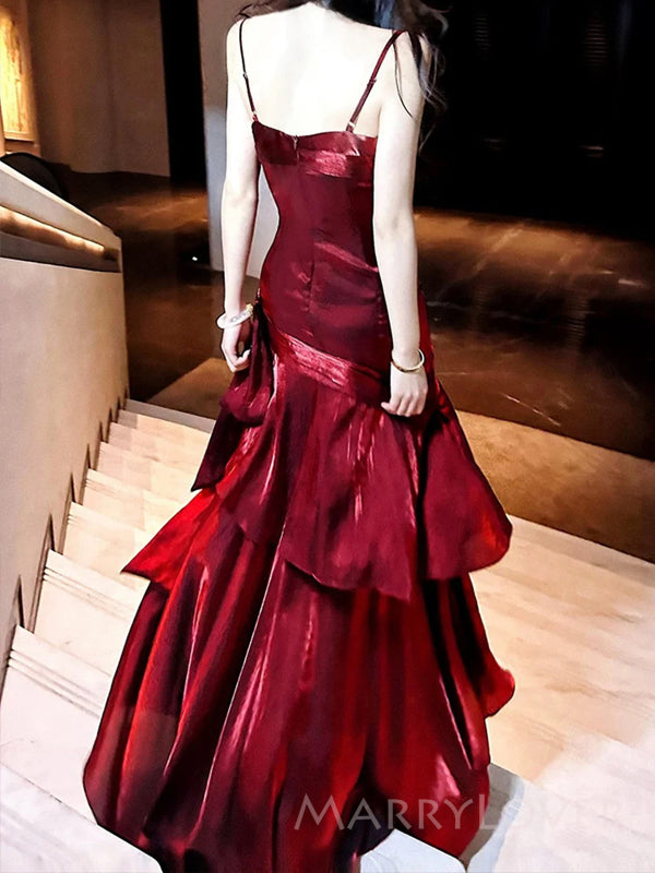 Gorgeous Burgundy Satin Mermaid Long Evening Prom Dresses, Spaghetti Straps Prom Dress, MR9312