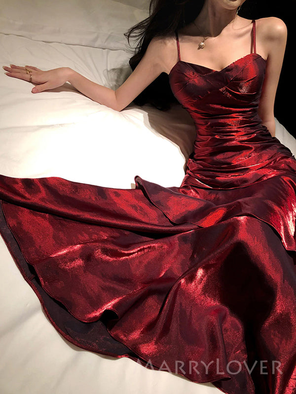 Gorgeous Burgundy Satin Mermaid Long Evening Prom Dresses, Spaghetti Straps Prom Dress, MR9312