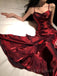 Gorgeous Burgundy Satin Mermaid Long Evening Prom Dresses, Spaghetti Straps Prom Dress, MR9312