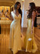 Lovely Yellow Satin V-neck Long Evening Prom Dresses, MR9313