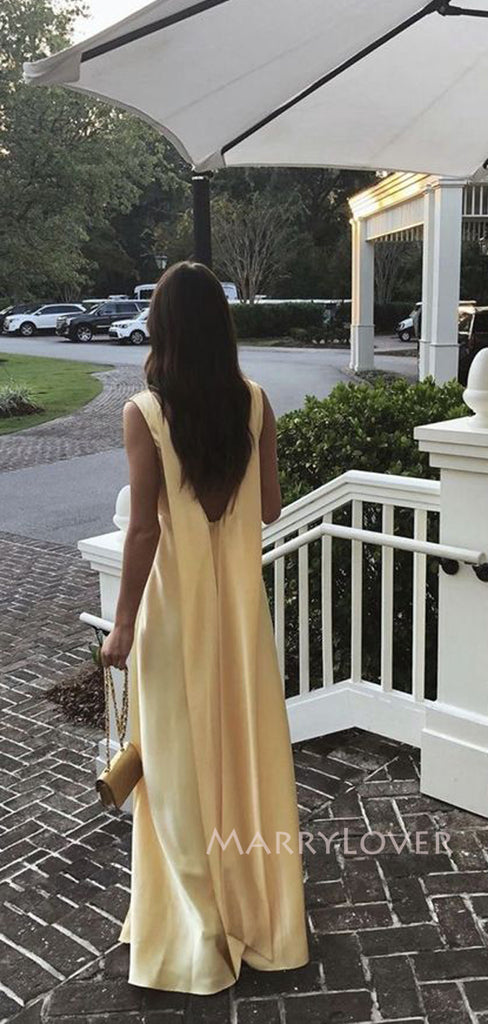 Lovely Yellow Satin V-neck Long Evening Prom Dresses, MR9313