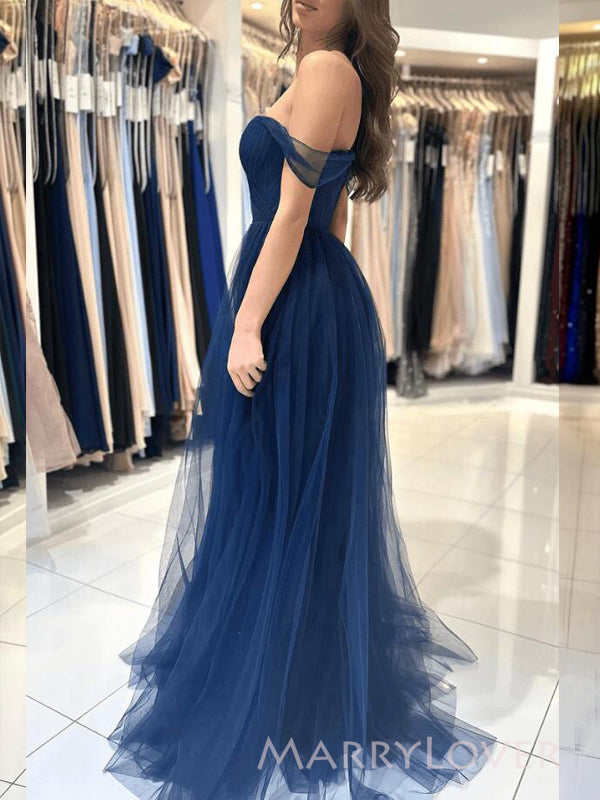 Off Shoulder Navy Blue Tulle Long Evening Prom Dresses, A-line Prom Dress, MR9317