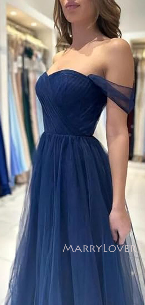 Off Shoulder Navy Blue Tulle Long Evening Prom Dresses, A-line Prom Dress, MR9317