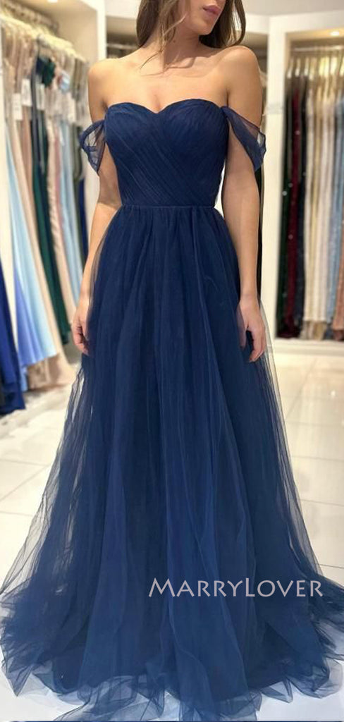 Off Shoulder Navy Blue Tulle Long Evening Prom Dresses, A-line Prom Dress, MR9317