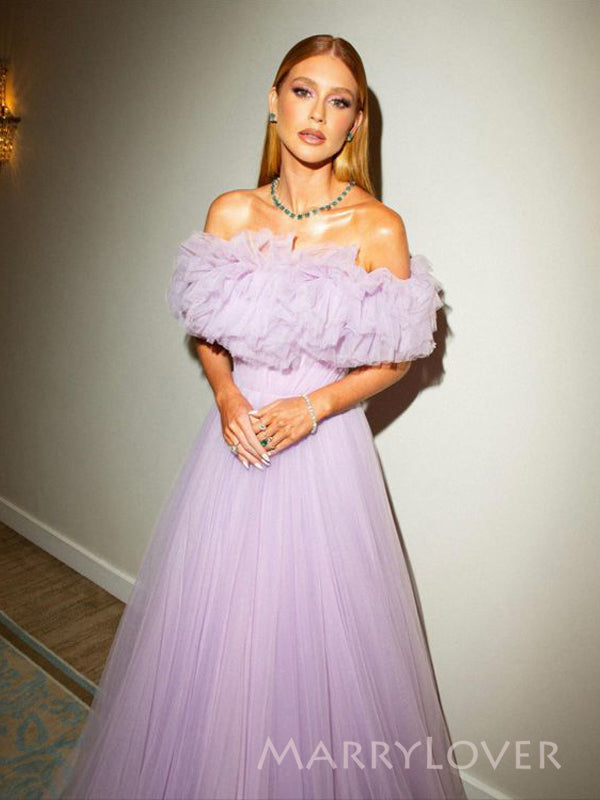 Lilac Tulle A-line Long Evening Prom Dresses, Off Shoulder Prom Dress, MR9318