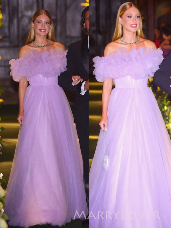 Lilac Tulle A-line Long Evening Prom Dresses, Off Shoulder Prom Dress, MR9318