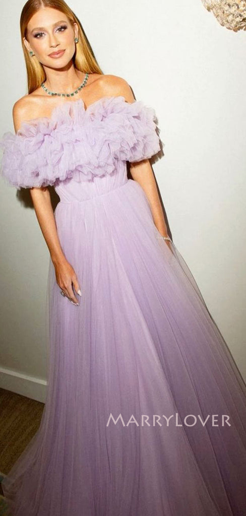 Lilac Tulle A-line Long Evening Prom Dresses, Off Shoulder Prom Dress, MR9318