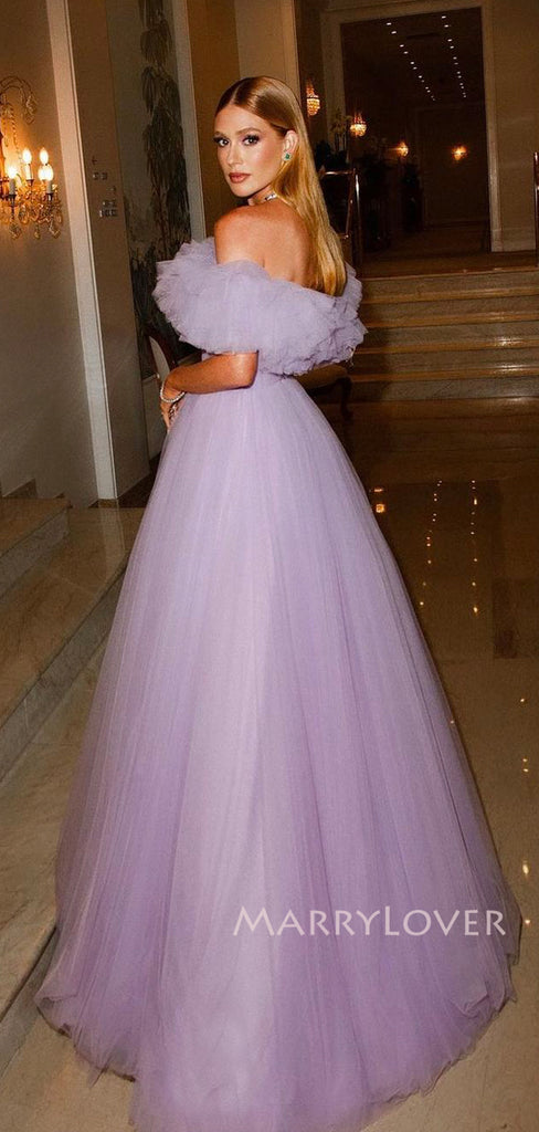 Lilac Tulle A-line Long Evening Prom Dresses, Off Shoulder Prom Dress, MR9318