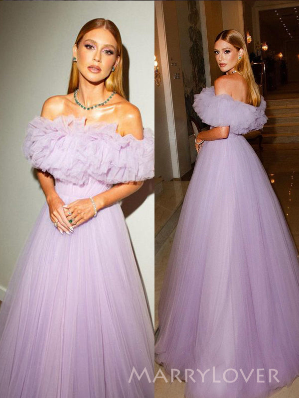 Lilac Tulle A-line Long Evening Prom Dresses, Off Shoulder Prom Dress, MR9318