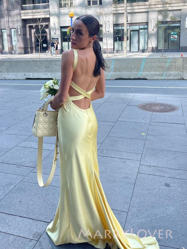 Pretty Backless Yellow Satin Long Evening Prom Dresses, V-neck Mermaid Prom Dress, MR9320