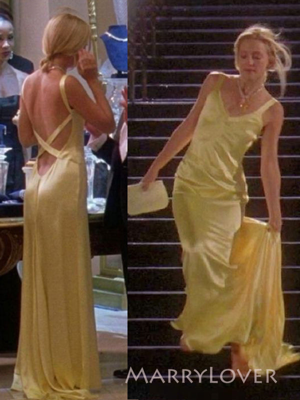 Pretty Backless Yellow Satin Long Evening Prom Dresses, V-neck Mermaid Prom Dress, MR9320