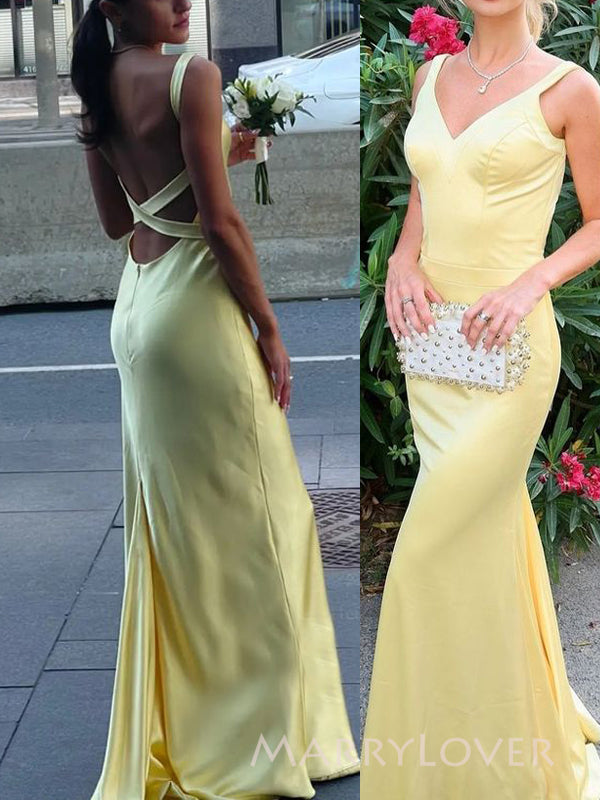 Pretty Backless Yellow Satin Long Evening Prom Dresses, V-neck Mermaid Prom Dress, MR9320