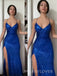 Royal Blue Sequins Mermaid Long Evening Prom Dresses, Spaghetti Straps V-neck Prom Dress, MR9325