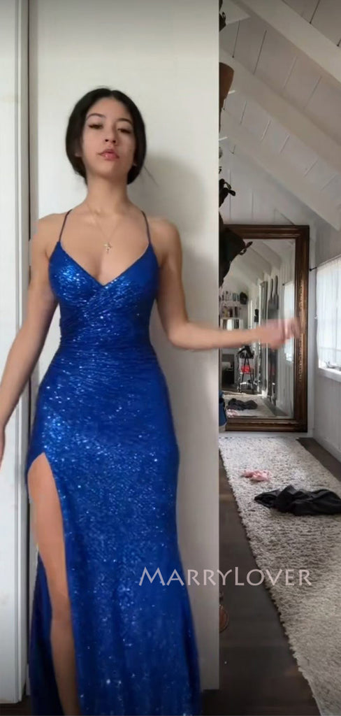 Royal Blue Sequins Mermaid Long Evening Prom Dresses, Spaghetti Straps V-neck Prom Dress, MR9325