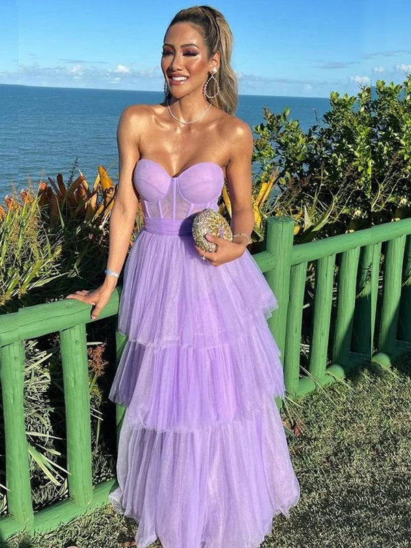 Lilac Tulle A-line Long Evening Prom Dresses, Sweetheart Prom Dress, MR9326