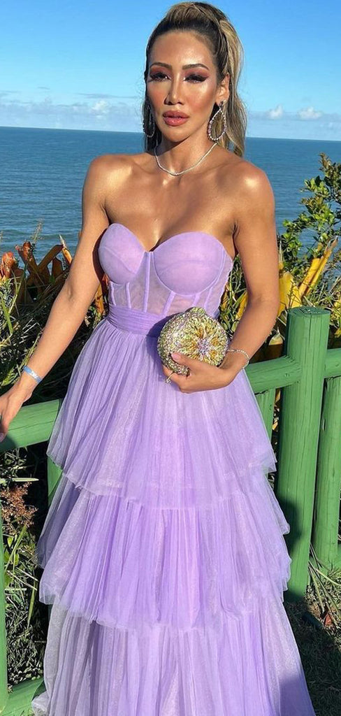 Lilac Tulle A-line Long Evening Prom Dresses, Sweetheart Prom Dress, MR9326