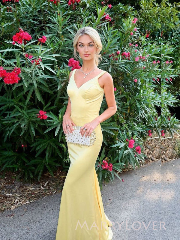 Sheath Mermaid Yellow Satin V-neck Long Evening Prom Dresses, Backless Prom Dress, MR9329