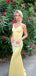 Sheath Mermaid Yellow Satin V-neck Long Evening Prom Dresses, Backless Prom Dress, MR9329