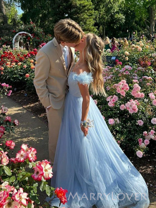 Gorgeous Blue Tulle Long Evening Prom Dresses, A-line Prom Dress, MR9335