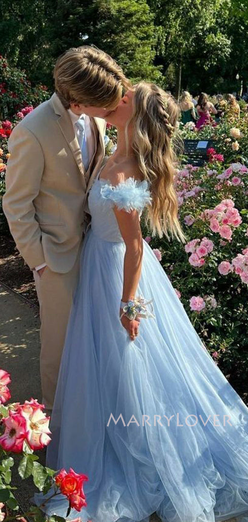 Gorgeous Blue Tulle Long Evening Prom Dresses, A-line Prom Dress, MR9335