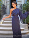 Long Sleeves Mermaid Navy Blue Satin Long Evening Prom Dresses, One Shoulder Prom Dress, MR9336